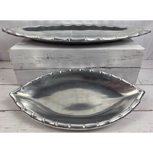 Serving Trays, Silver, Bamboo Style Accent, Leaf, Oval, Lot of 2, Made In India